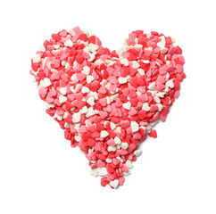 Obraz na płótnie Canvas Heart made of sweet candies on white background, top view