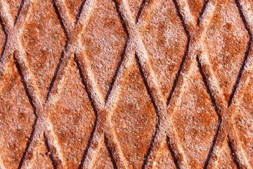 Textured metal surface with detailed corrosion, rust and scratches. Rusty metal wall, painted metal with rust texture. Rusty metal background with streaks of rust. Rust stains. Metal surface with