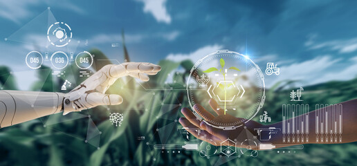 smart agriculture futuristic industry 4.0 technology concept, cyborg hand put to touch hand with...