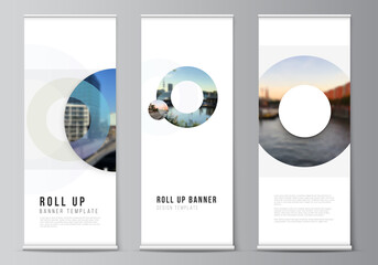 Vector layout of roll up mockup templates for vertical flyers, flags design templates, banner stands, advertising design mockups. Background template with rounds, circles for IT, technology.