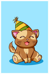 Obraz na płótnie Canvas Happy and kawaii cat wearing birthday hat, animal cartoon illustration