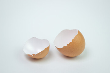 Eggshell on a white background. An empty egg. Broken egg.