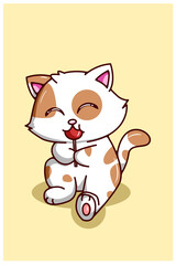 Kawaii and funny cat eating a candy cartoon illustration