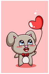 Funny and kawaii rabbit with heart ballon in the valentine, cartoon illustration