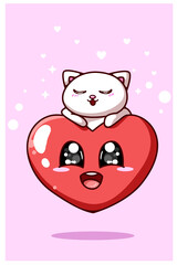 Kawaii heart and kitten, valentine theme cartoon illustration