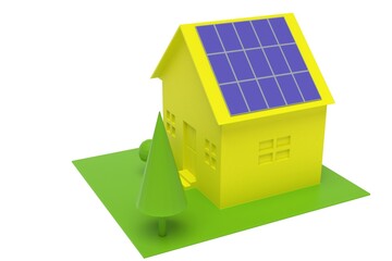 3D illustration. Simple house silhouettes with photovoltaics and a garden