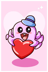 Happy and kawaii octopus bring heart, valentine day cartoon illustration