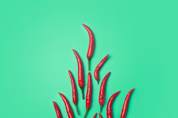 Chilischoten auf einem farbigen grünen Hintergrund. Red Hot Chili Peppers als Zutat der asiatischen und mexikanischen Küche und Gewürze