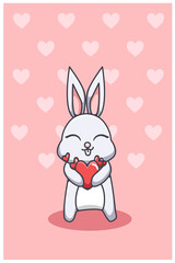 Kawaii and happy rabbit carry a big hearts valentine cartoon illustration