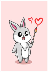 Kawaii and happy rabbit bring a love valentine brush cartoon illustration