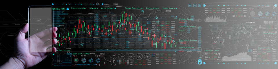 Finance Content marketing  concept and Digital marketing with person hand using a smart phone computer on grey background.