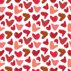 Beautiful ink red and pink hearts isolated on white background. Cute seamless pattern. Vector flat graphic hand drawn illustration. Texture.