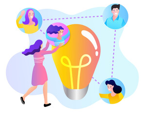 Young people have idea. Business man and woman, colleagues, work together. Great idea is in form of a light bulb. vector illustration.