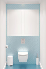 A light-colored bathroom with a built-in wall-hung toilet, cabinet, trash bin, brush, toilet paper holder, blue mosaic wall, and blue mosaic floor. Front view. 3d render