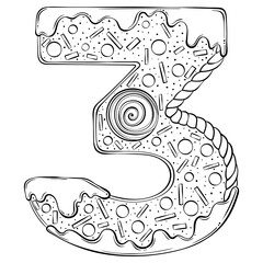 Serial number 3. Gingerbread Cookies in the form of number three. Cartoon vector font in hand drawn line art style isolated on white background. Lettering logo template. Coloring book design.