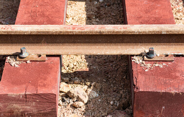 Construction workers at work at Railway station. Construction of a new railway line at a city station.