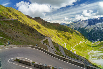 Mountain landscape along the road to Stelvio pass at summer