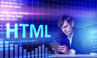 HTML programming language. Using HTML for web programming. Web developer next to HTML logo. Creation of websites and web applications. Hyper text mark langyage. Modern programming languages.