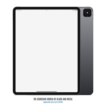 tablet grey color with blank touch screen saver and backside isolated on white background. front view mockup of realistic and detailed device with shadow. stock vector illustration