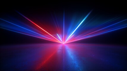 3d render, abstract background with red blue laser rays. Bright projector shining on the dark empty stage, neon light - obrazy, fototapety, plakaty