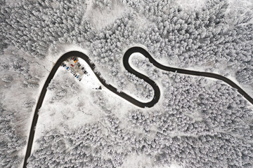 Curved S-shaped road in the winter forest aerial view. Empty winding road surrounded by high pine trees. 
