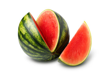 Seedless watermelon and slice isolated on a white background with a clipping path.