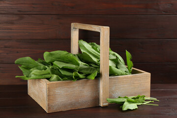 Fresh green sorrel leaves in crate on brown wooden table