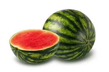 Whole and half watermelon isolated on white background. Seedless watermelon. Clipping path included.