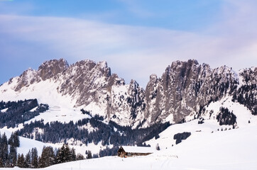 Fototapeta na wymiar Gastlosen Mountains in winter, canton of Fribourg, Switzerland