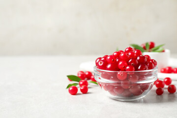Fresh cranberry on light table, space for text