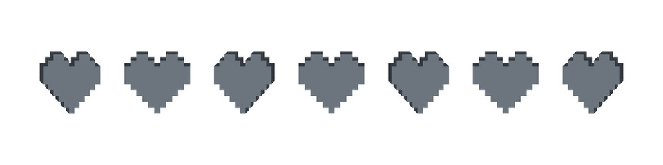 Hearts pixel icons. Isometric pixel hearts. Pixel art hearts on white background. Vector illustration