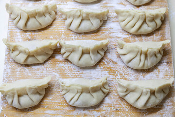 Raw Gyoza. ready for cooking. Japanese version of dumplings. Shallow depth of field.
