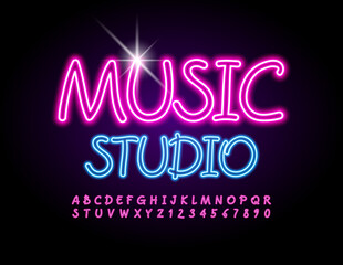 Vector creative emblem Music Studio. Pink artistic Font. Neon light Alphabet Letters and Numbers set