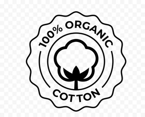 Cotton 100 organic bio and eco certificate icon, vector package stamp. Cotton flower logo for certified natural eco textile fabric and bio soft cosmetics