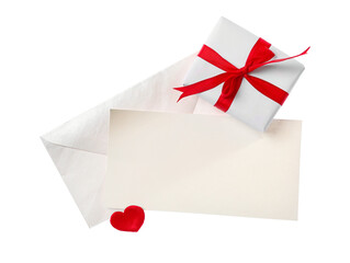 Blank card and gift box on white background, top view. Valentine's Day celebration