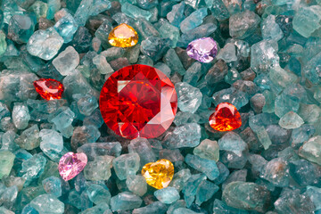 Ruby Red diamonds are placed in an enclave of heart shaped diamonds on raw sky blue gemstones..jewelry in heart shape are lovely present for valentine day