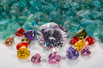 The diamonds are placed in an enclave of heart shaped diamonds on raw sky blue gemstones..jewelry...