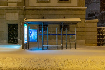 Madrid, Spain; January 9, 2021: Historic snow in the capital. Snow-covered bus stop.