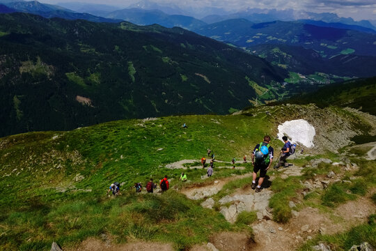 Many Hikers On A Path To The Summit View From Above