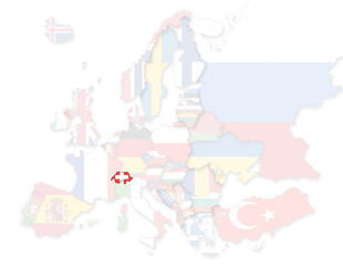 3D Europakarte auf die Schweiz hervorgehoben wird und die restlichen Flaggen transparent sind
