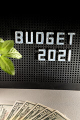 2021 Budget concept for new fiscal year with letters on black background and blurred US dollar currency 