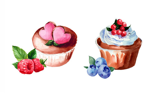 Set of watercolor illustrations of sweets. Cupcakes and cakes with berries and cream