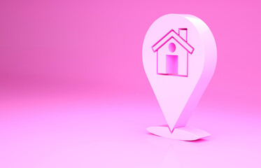 Pink Map pointer with house icon isolated on pink background. Home location marker symbol. Minimalism concept. 3d illustration 3D render.