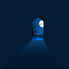 Illustration for the Halloween holiday. Arch in the dark moonlit night and the road to the cemetery.
