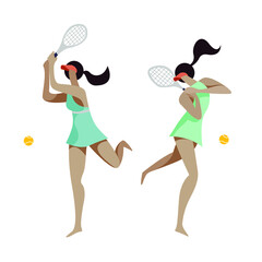 vector flat stylized illustration with young sports girls in stylish outfits playing tennis on a white background. all elements are isolated. Can be used for website designs, flyers, posters, t-shirts