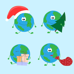 Cartoon set of the planet Earth celebrating Christmas.