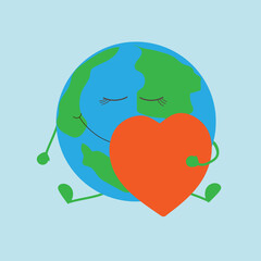 Cute planet in love hugs a red heart.