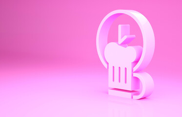 Pink Happy hour with wooden beer mug icon isolated on pink background. Minimalism concept. 3d illustration 3D render.