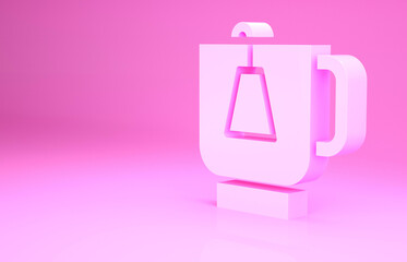 Pink Cup of tea with tea bag icon isolated on pink background. Minimalism concept. 3d illustration 3D render.