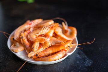 shrimp boiled seafood crustacean prawn ready to eat on the table for healthy meal snack outdoor top view copy space for text food background rustic image keto or paleo diet pescetarian